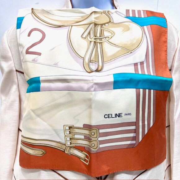 Vgt Celine Paris 100% Silk Scarf Satin 30" ivery beige orange  blue belt (40 - Picture 5 of 8